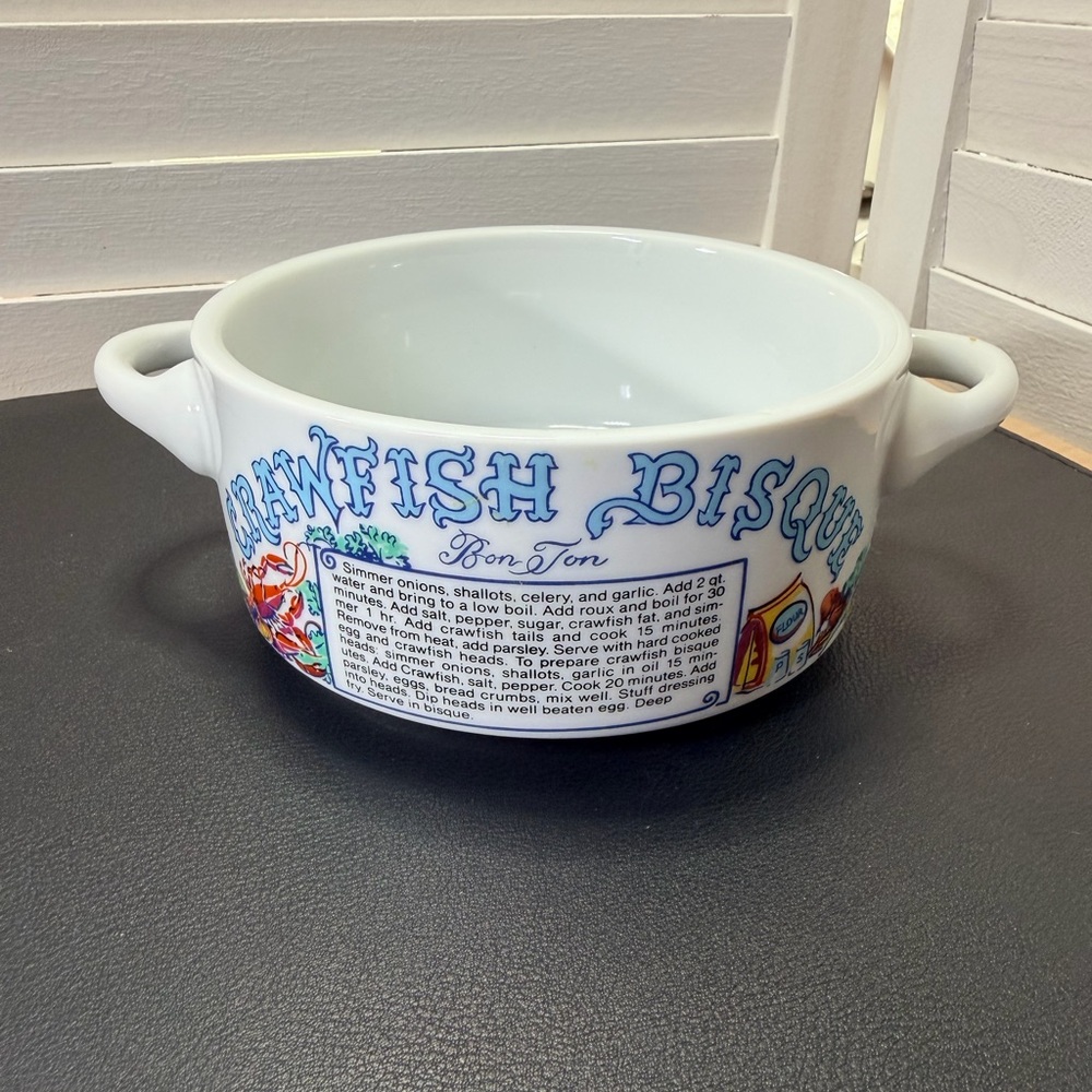 Vintage Crawfish Bisque Ceramic Soup Bowl - 5” with recipe printed